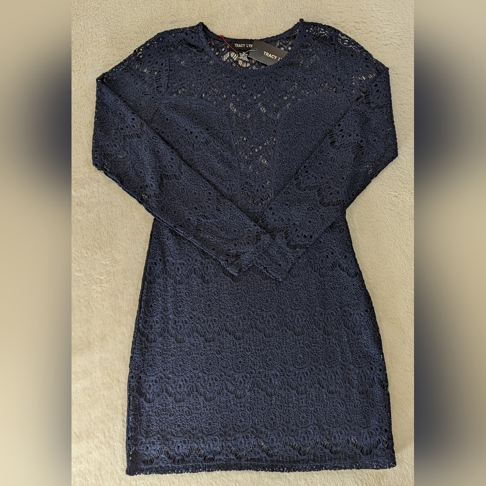 Tracy Lynn Navy Blue Lace Dress Size Med Long Sleeve Midi NWT